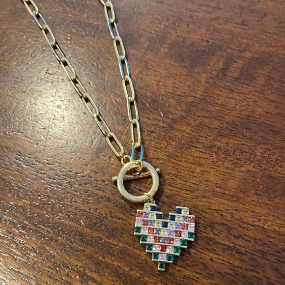 Goldtone paperclip chain multi color heart charm - Picture 1 of 4